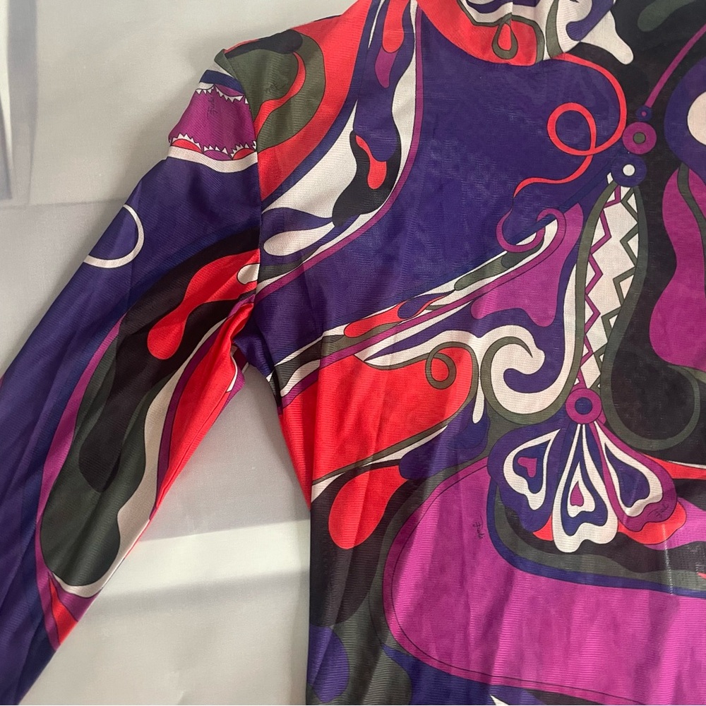 Emilio Pucci Vibrant Abstract Print Turtleneck Sheer Mesh Flared Maxi Dress - Picture 6 of 8
